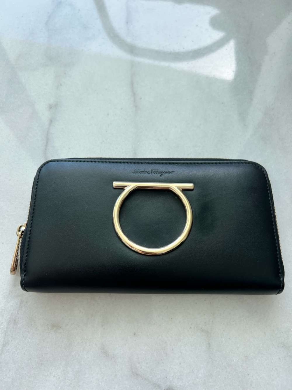 Salvatore Ferragamo Black Leather Zip Card Holder with Gold Gancini